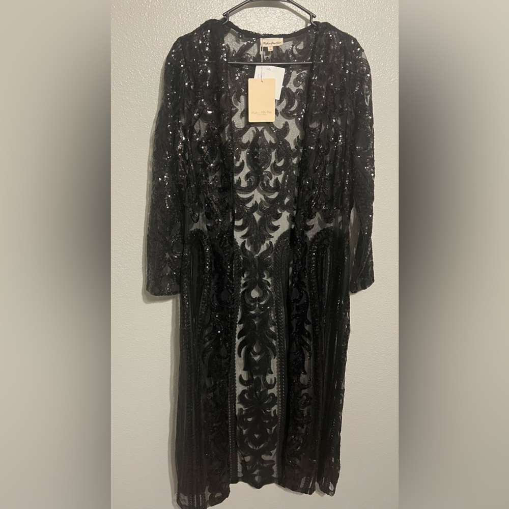 Southern Fried Chic Duster Black Lace Sequin Full Length - Women’s Medium